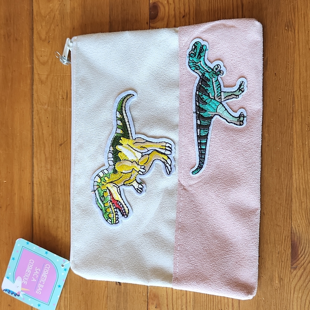 Cosmetic White & Pink 7.5x6" Bag with T-Rex NWT
